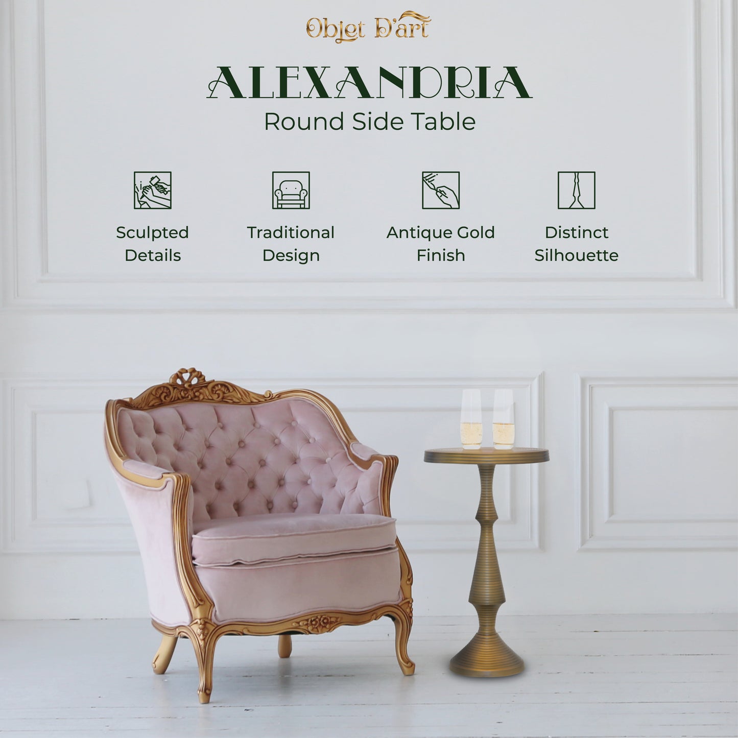 Alexandria: Small Round Gold Side Table by Objet D’Art - Elegant Accent for Living Room, 21” Height