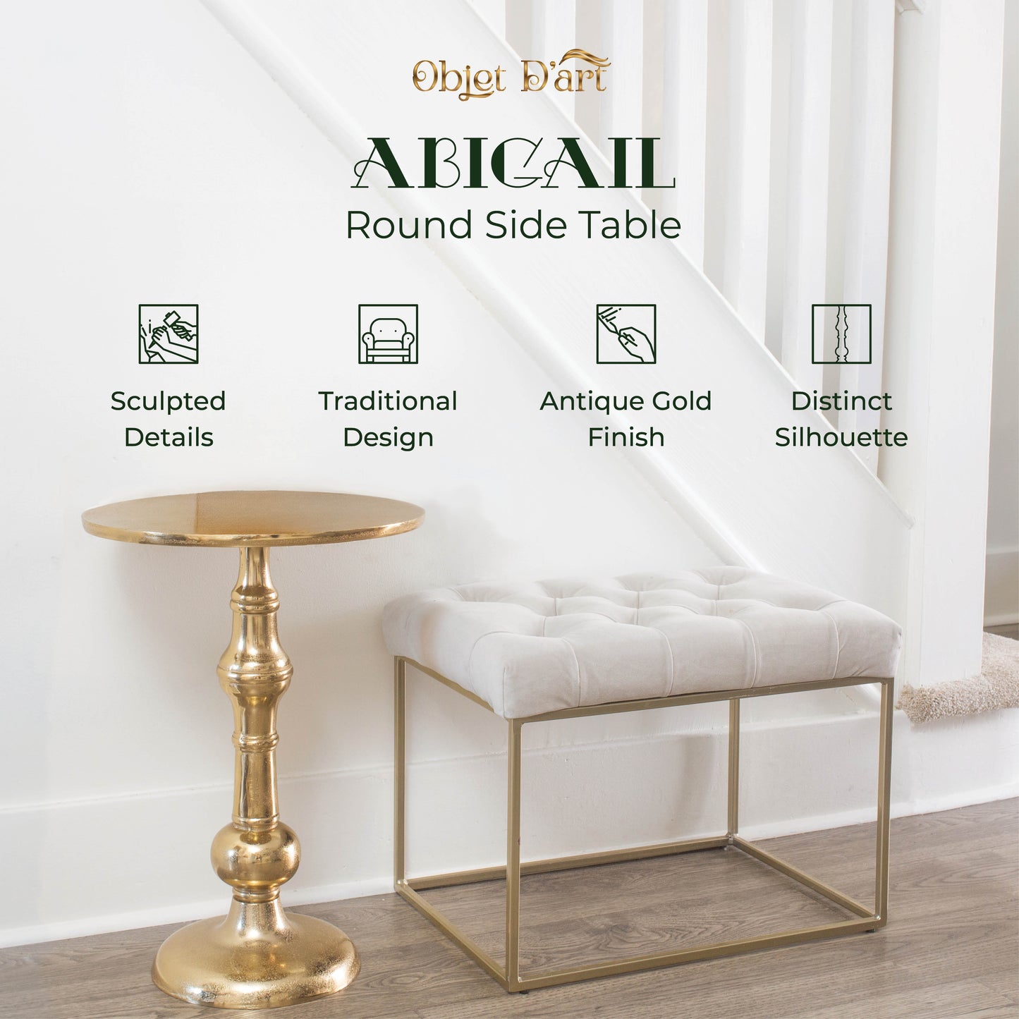 Abigail: Small Round Gold End Table by Objet D’Art - Elegant Accent for Living Room, 23” Height