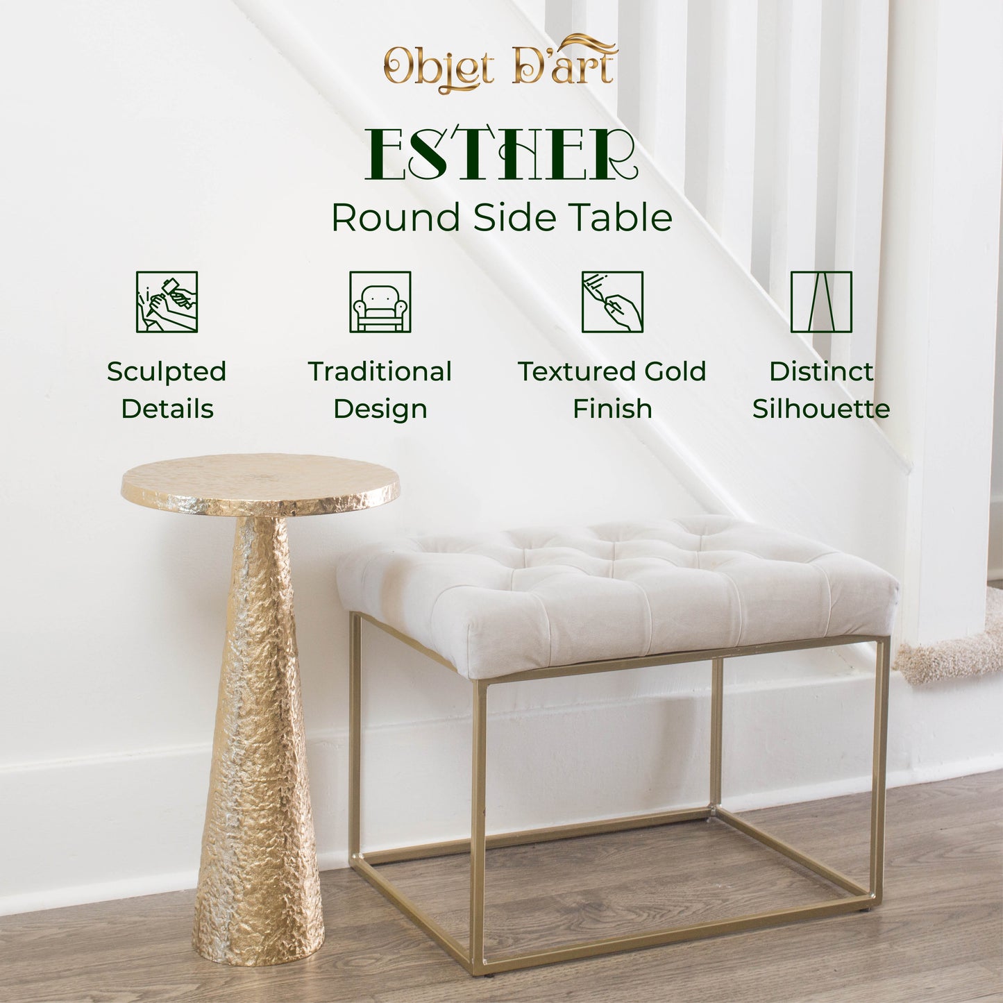 Esther: Small Round Gold End Table by Objet D’Art - Elegant Accent for Living Room, 21” Height