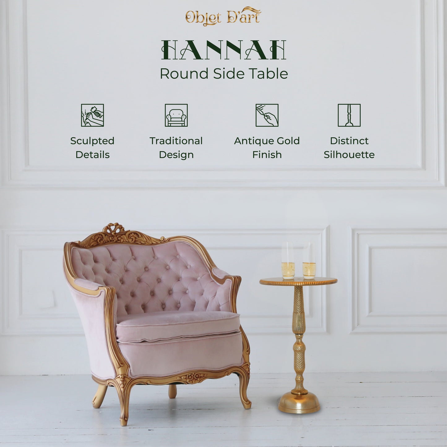 Hannah: Small Round Gold Side Table by Objet D’Art - Stylish Accent for Living Room, 20” Height