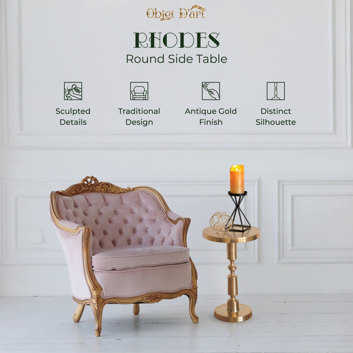 Rhodes: Small Round Gold Side Table by Objet D’Art - Elegant Accent for Living Room, 21” Height