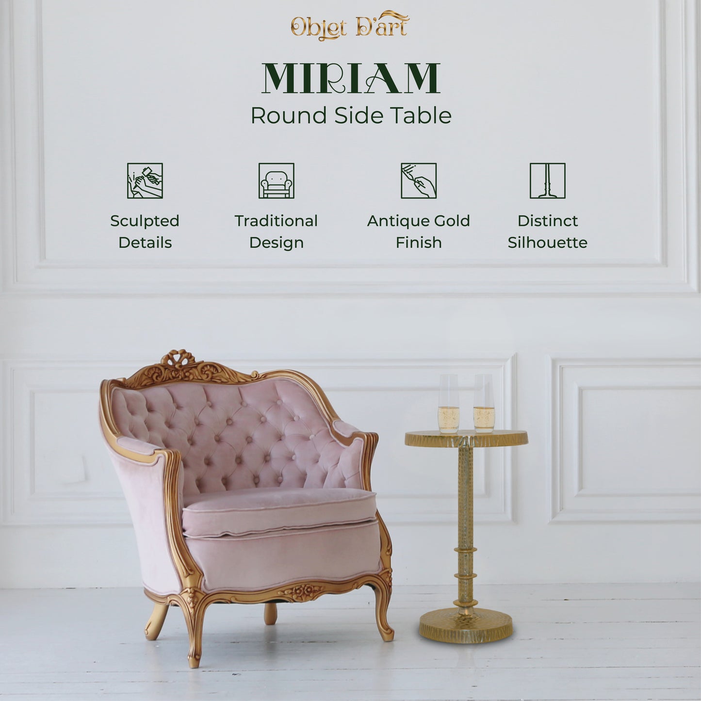 Miriam: Small Round Gold Side Table by Objet D’Art - Elegant Accent for Living Room, 21” Height