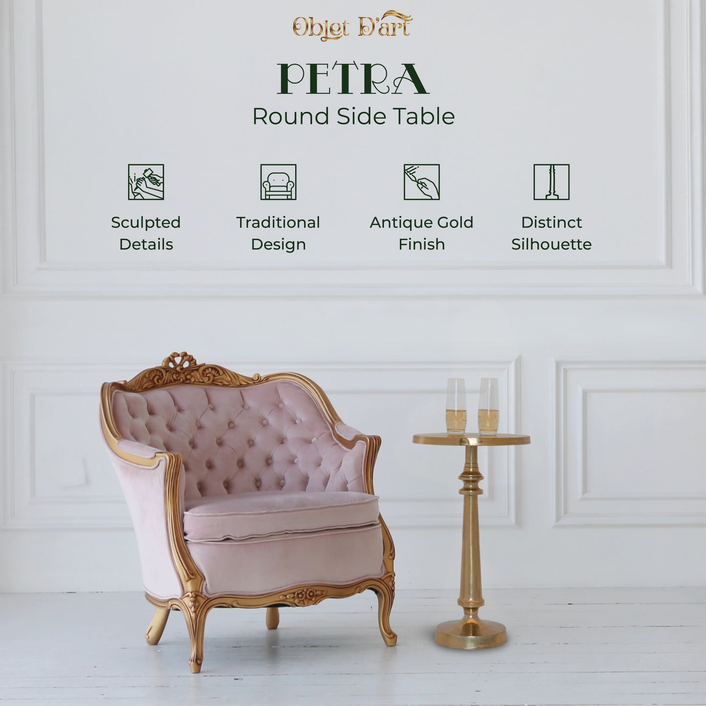 Petra: Small Round Gold End Table by Objet D’Art - Elegant Accent for Living Room, 21” Height